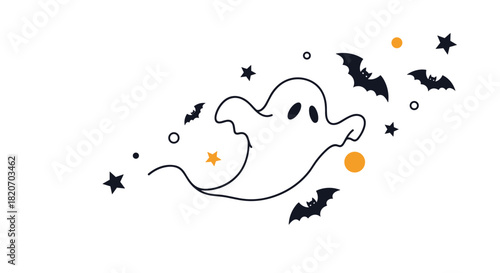 A cute and friendly ghost floats through a celestial scene with bats stars and dots in a whimsical black and orange Halloween design.