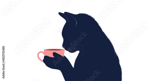 A dark blue silhouette of a fluffy cat is shown in profile peacefully holding and sipping from a small pink cup of coffee or tea.
