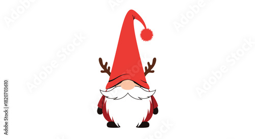 A cute Christmas gnome with a long white beard and reindeer antlers wears a tall red hat in this festive holiday character illustration.