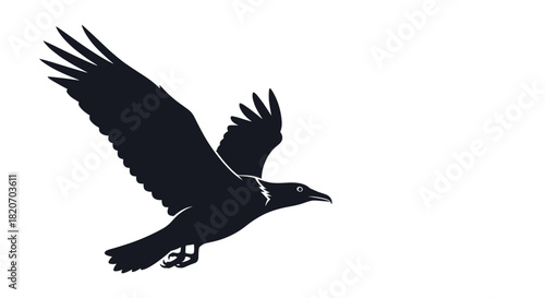 A powerful black silhouette of a raven or a crow with its wings spread wide is captured in mid-flight in this minimalist vector graphic.
