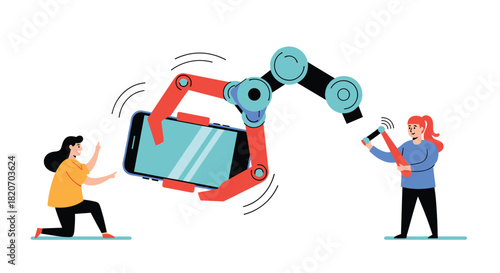 A large robotic arm holds a smartphone away from a desperate woman illustrating technology addiction and the struggle for control.