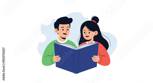 A happy young couple a man and a woman are sitting close together and smiling while reading a large open book in this illustration.