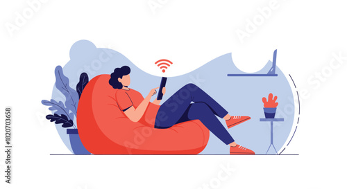 A person relaxes comfortably in a large red beanbag chair while browsing the internet on a smartphone with a strong Wi-Fi signal.
