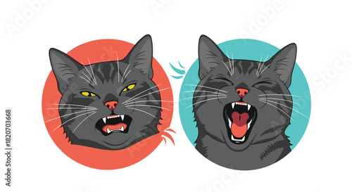 A set of two cartoon cat portraits showing a grey tabby cat with two different emotions one hissing angrily and one yawning widely.