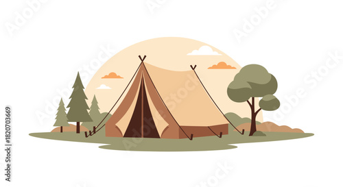 A cozy canvas tent is pitched in a peaceful forest clearing with trees and clouds at sunset in this charming camping illustration.