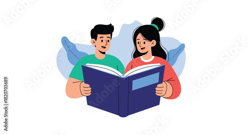 A smiling young man and woman look at each other while holding a large open book together in this charming illustration about shared learning.