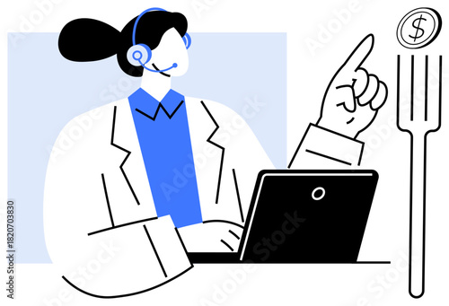 Woman in headset working on laptop, hand gesturing towards dollar coin on fork. Ideal for customer service, finance, online support, economic growth, business solutions, communication, minimalism