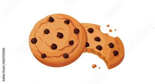 Two delicious and freshly baked chocolate chip cookies with one featuring a bite taken out of it are shown in a tasty food illustration.