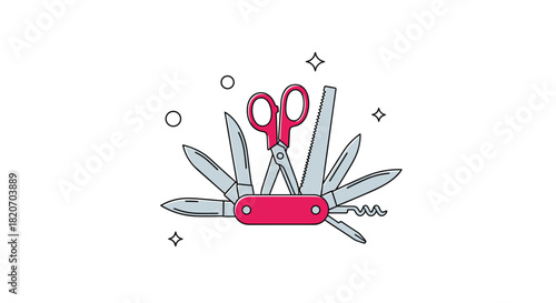 A versatile red multi-tool pocket knife is shown open with all its useful attachments like scissors a saw and a corkscrew fanned out.