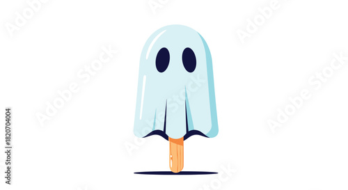 A cute and spooky light blue popsicle on a wooden stick is shaped like a ghost for a fun and festive Halloween dessert treat.