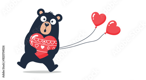 A cute black bear is running with joy while holding a big red heart with two heart-shaped balloons attached in a sweet illustration.