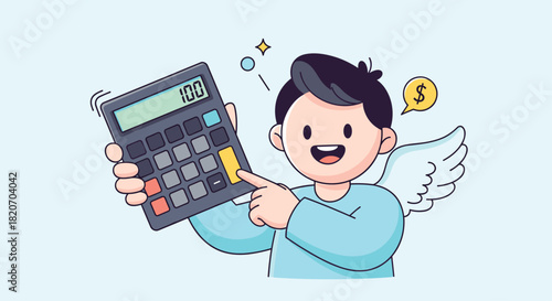 A cheerful cartoon angel character is happily pointing at a calculator displaying the number one hundred in a cute financial illustration.
