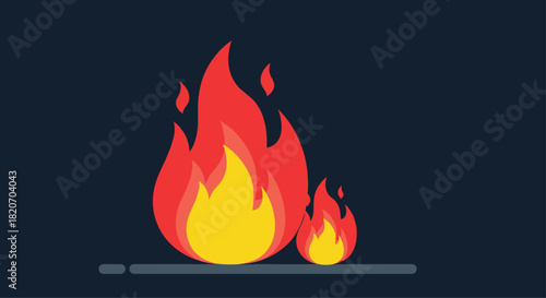 A big and a small fire flame are burning brightly in a simple and bold flat design style illustration on a dark background.