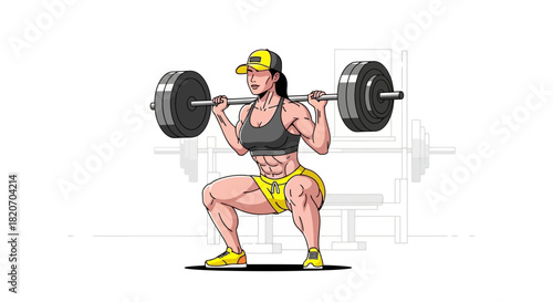 Motivated strong woman with impressive musculature executes a heavy barbell squat, showcasing her fitness, intense weight training, and dedication to bodybuilding