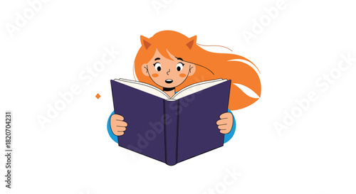 Cute cartoon girl with long orange hair and cat ears has a look of amazement on her face while reading a magical purple book.