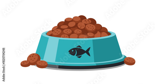 Blue pet food bowl with a fish logo overflowing with dry brown kibble for a cat or dog on a clean white background.