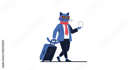 Stylish anthropomorphic blue cat character in a suit sunglasses and scarf walks with a rolling suitcase and phone ready for a business trip.