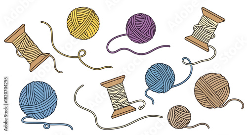 Colorful yarn balls and thread spools on a white background, perfect for crafting and creative projects