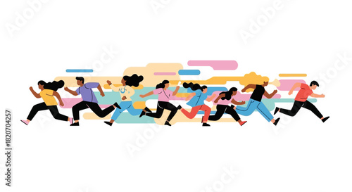 Diverse group of people running together with colorful abstract shapes in the background, symbolizing unity and movement