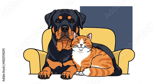 A charming illustration of a Rottweiler dog and an orange tabby cat relaxing together on a yellow sofa, symbolizing friendship and companionship