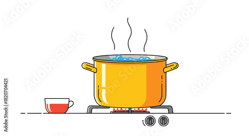 Yellow cooking pot with boiling water steaming on a lit gas stove burner with a red cup nearby in a clean line art style.