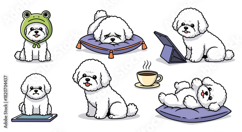 Adorable Bichon Frise dog illustrations showing a variety of cute poses and activities