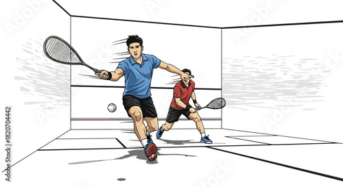 Dynamic illustration of two athletes playing squash in a court, showcasing intense action and competitive spirit