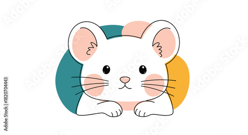 Adorable cartoon white mouse with large ears and pink cheeks peeking out from behind colorful abstract circles on a white background.