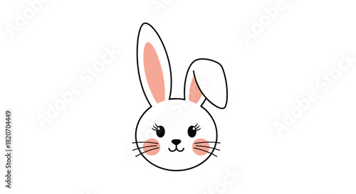 Adorable and simple hand-drawn illustration of a cute white bunny rabbit face with pink cheeks and one floppy ear on white.