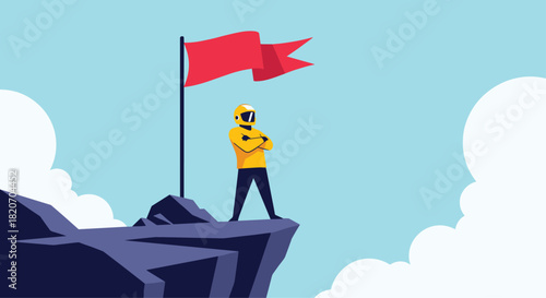 Victorious person in a helmet stands proudly on a mountain cliff summit with a red flag symbolizing success and achievement.