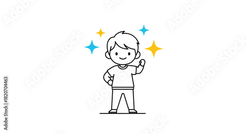 Confident young boy in a simple black and white line art style illustration posing proudly with colorful sparkles around him.