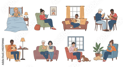 A collection of diverse people enjoying the quiet pleasure of reading books in various comfortable home settings