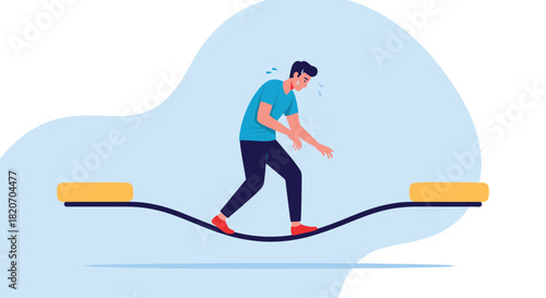 Anxious and sweaty man carefully trying to maintain his balance while walking on an unstable wavy line representing risk and uncertainty.