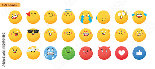 A vibrant collection of cute 3D emoji characters expressing a wide range of emotions, perfect for digital communication, social media, and expressive graphic design.