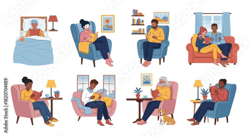 Diverse individuals and couples finding relaxation and enrichment through reading books in comfortable home settings, illustrating the universal appeal of literature and leisure time