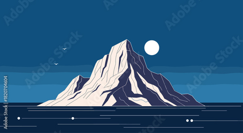 Dramatic vector landscape of a massive iceberg floating in a dark blue ocean at night under the light of a full white moon.