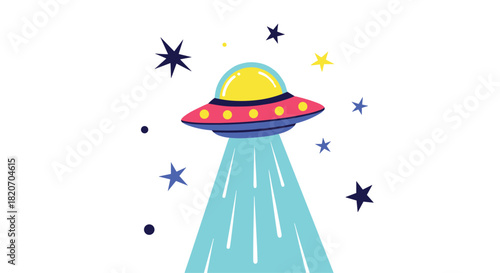 Colorful cartoon flying saucer UFO is beaming down a light ray surrounded by blue and yellow stars in a playful space illustration.