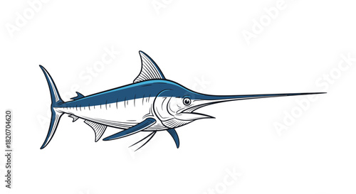 Realistic and detailed illustration of a large blue marlin or swordfish with a long bill swimming in a dynamic side view pose.