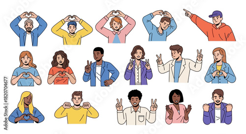 Diverse group of people forming hand gestures indicating love, peace, and friendship, in various poses