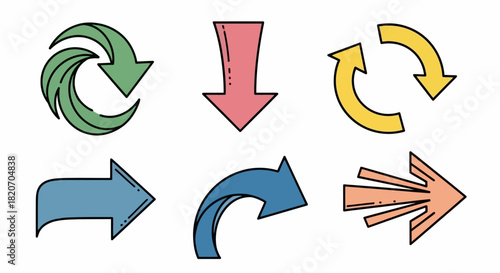 A vibrant collection of hand-drawn arrow icons in various styles, including circular, curved, and straight pointers for navigation and design