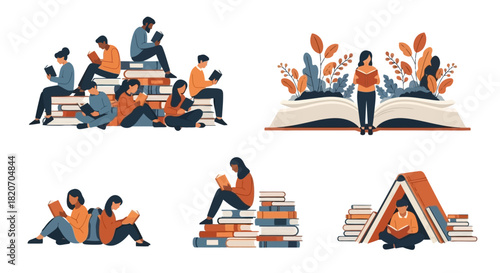 A collection of imaginative flat illustrations showing diverse people and book lovers absorbed in reading and literature
