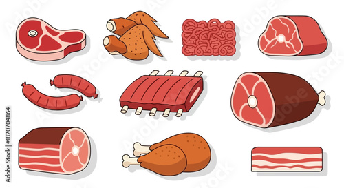 Vibrant illustration of assorted raw meat products, including beef, pork, chicken, sausages, and bacon, suitable for culinary and food service graphics