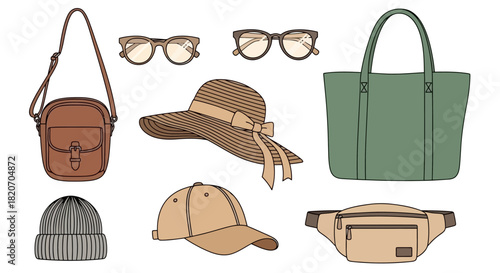 Collection of fashionable accessories for a stylish outing, including a crossbody bag, sunglasses, tote, beanie, cap, and belt bag