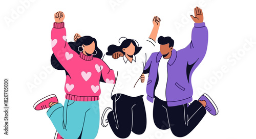 Group of diverse friends celebrating joyfully, jumping in the air with raised arms in a moment of pure happiness and camaraderie