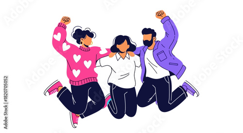 Happy diverse friends jumping together in celebration, a joyful group of young people expressing excitement and success