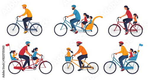 A diverse collection of vector illustrations showing families and individuals enjoying bicycle rides with various bike setups for children