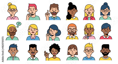 Vibrant collection of diverse flat line cartoon avatars depicting people with various expressions and hand gestures, ideal for user profiles and digital communication