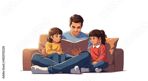 A Father Reading a Storybook to His Two Daughters, Sitting Together on a Cozy Sofa