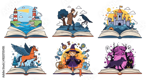 A collection of six fantasy storybook concepts, featuring magical worlds, mystery, and adventure tales emerging from open books