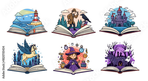 Vibrant collection of storybook illustrations depicting fantastical adventures, magical realms, mystery, and spooky tales emerging from open books, perfect for inspiring imagination and storytelling
